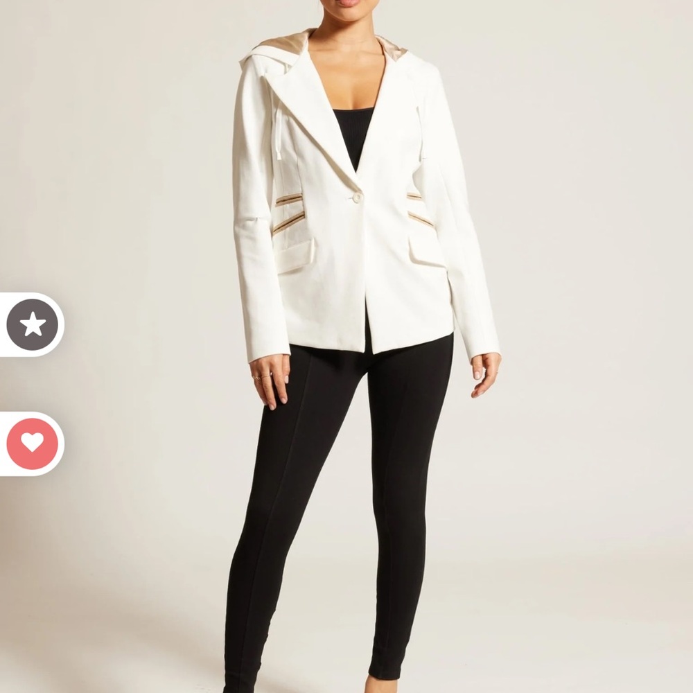 Blanc noir Gavatri hooded blazer in Irish cream and white!
